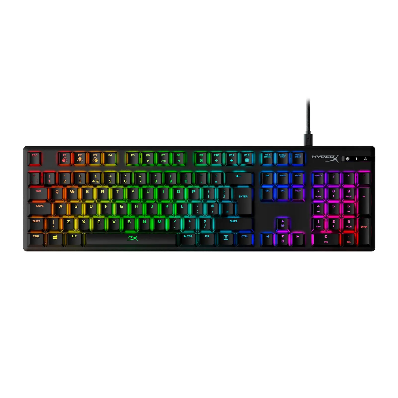HyperX Alloy Origins black full-size mechanical keyboard with UK ISO layout and RGB lighting, official top view