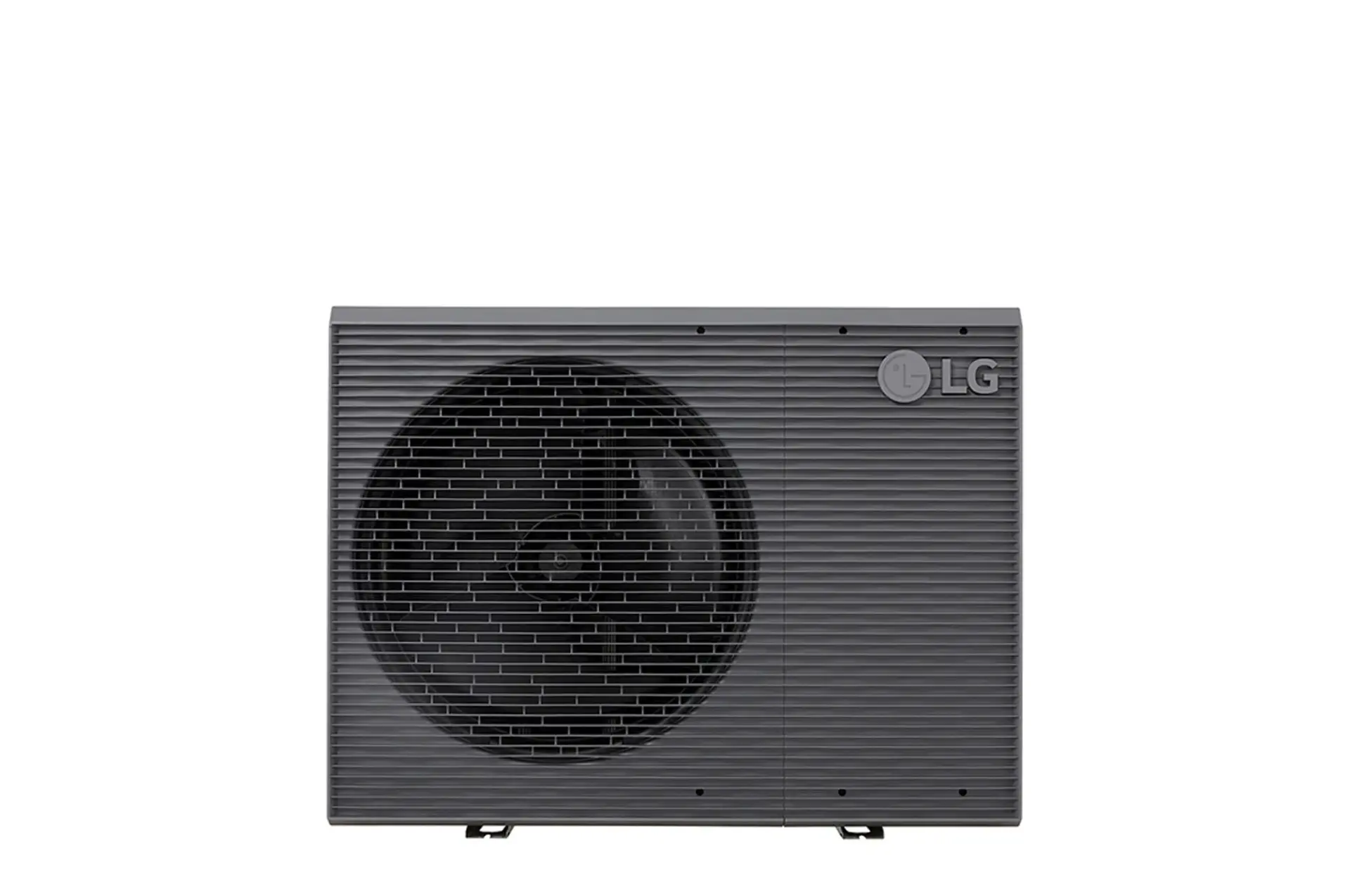 LG Air to Water Heat Pumps HM121MRS UB40, front view of a black outdoor unit featuring a grey wavy grille.
