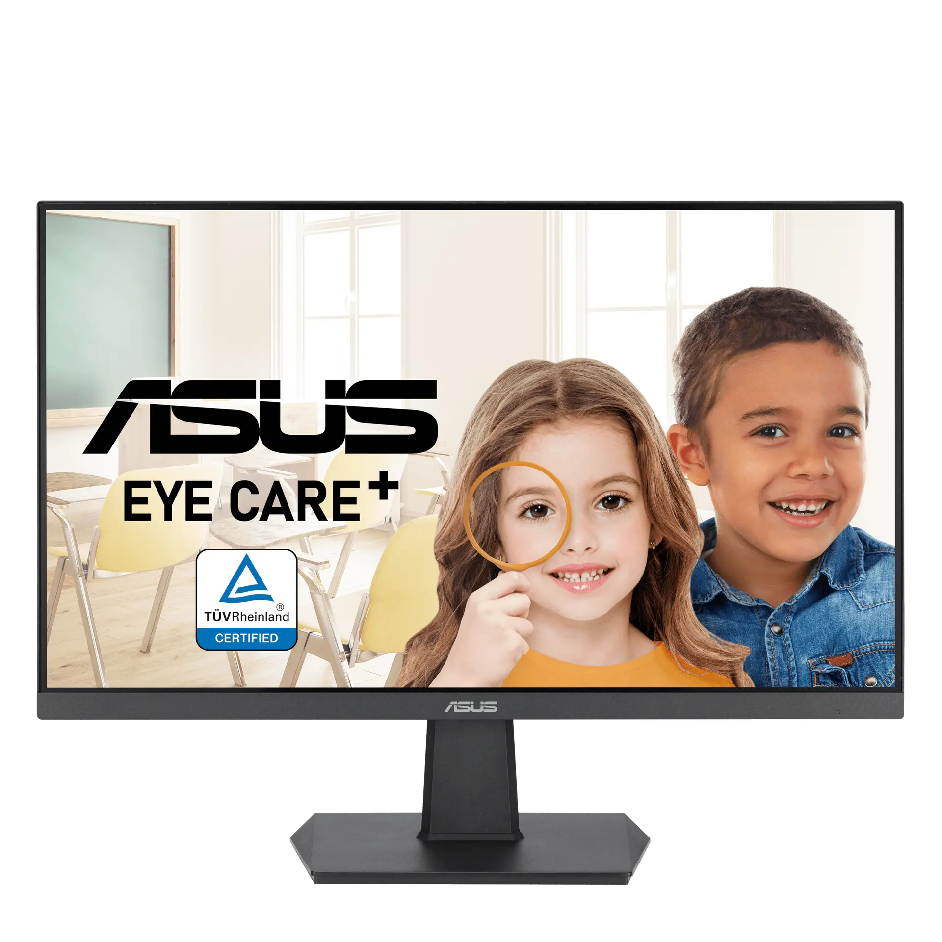 ASUS VA27EHF monitor from the front on its black tilt stand, with ASUS Eye Care+ screen artwork.
