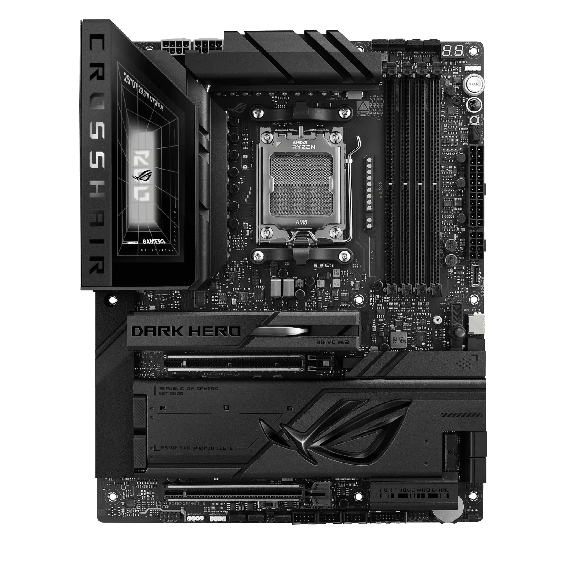 ASUS ROG CROSSHAIR X870E DARK HERO motherboard, official front view showing its exact board layout, AM5 processor socket, four memory slots and heatsinks.