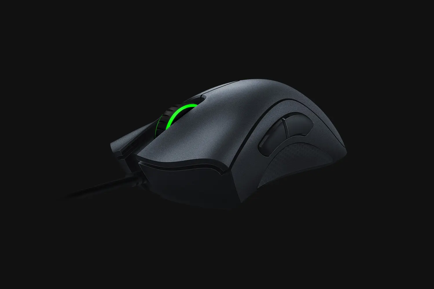 Razer DeathAdder Essential wired mouse in black, front-left angled view showing the two left side buttons, green-lit scroll wheel and cable