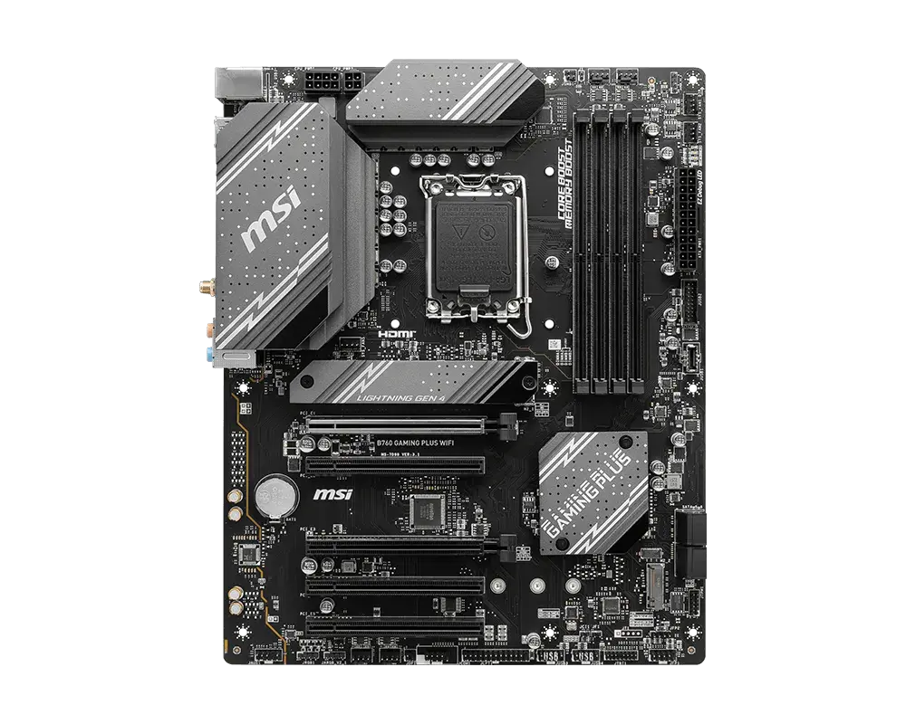 MSI B760 GAMING PLUS WIFI motherboard, top view of the exact global model; CPU and memory are not installed
