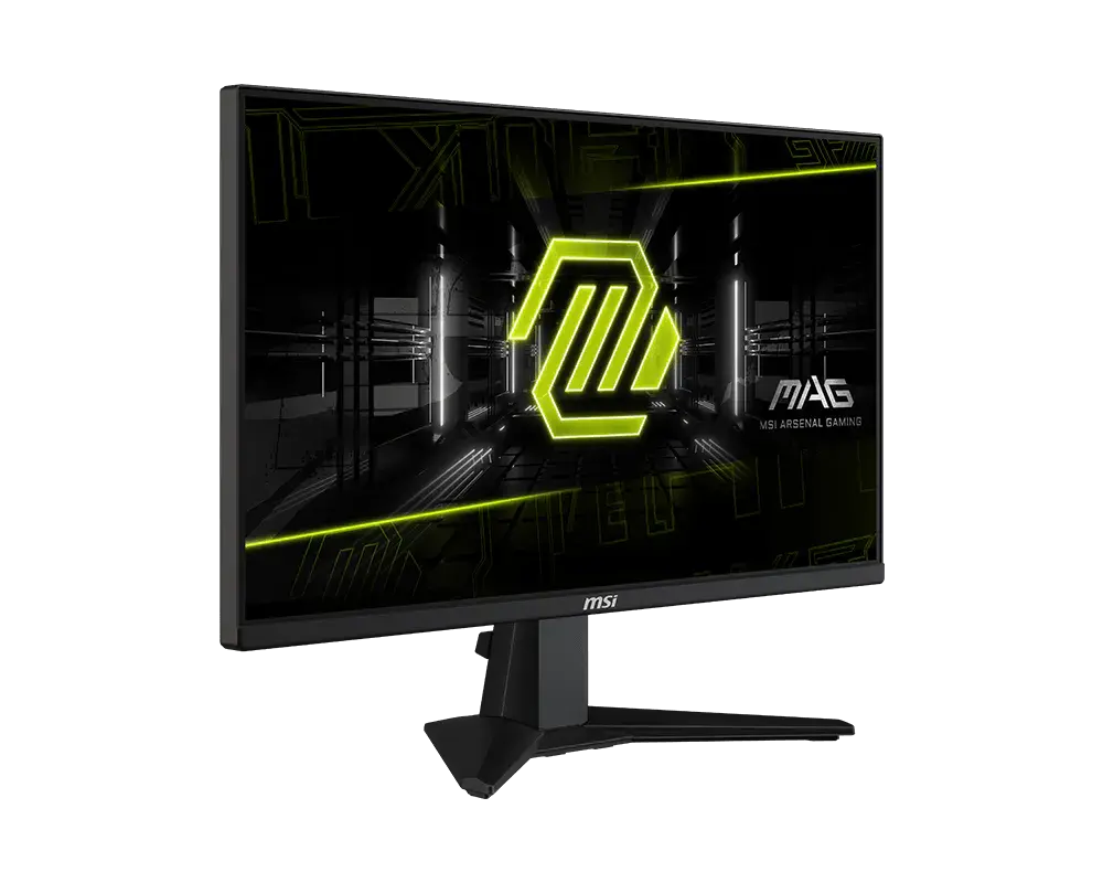 MSI MAG 255XFV: one monitor with its supplied stand, shown from the front at an angle