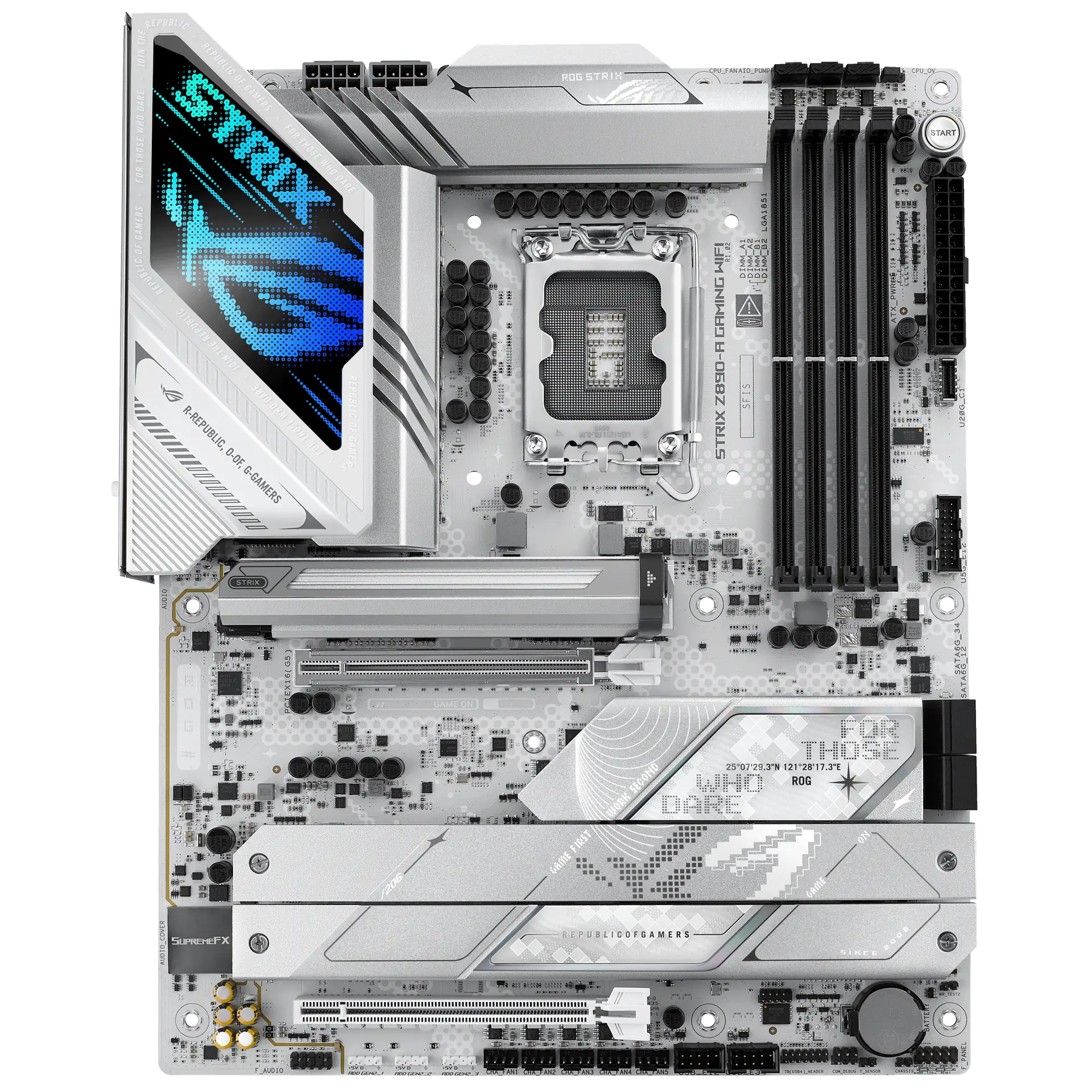 ASUS ROG STRIX Z890-A GAMING WIFI motherboard, official front view showing its exact board layout, processor socket, memory slots and heatsinks.