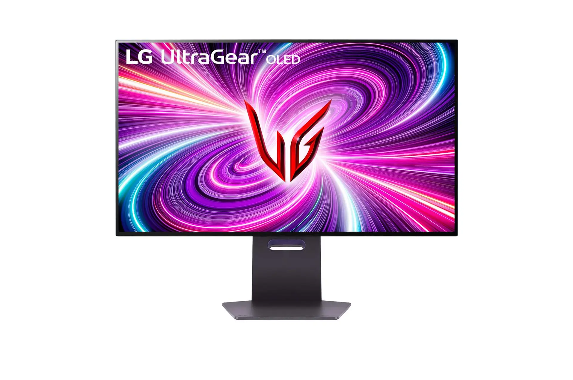 LG UltraGear OLED 32GS95UE-B monitor from the front on its dark grey stand, with the UltraGear logo on screen.