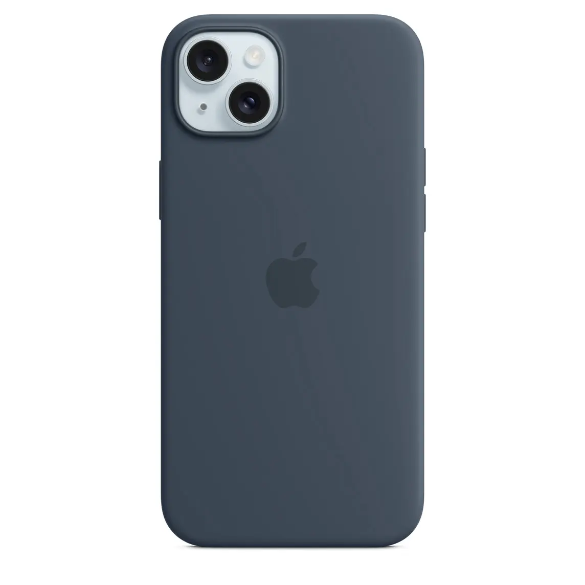 iPhone 15 Plus Silicone Case with MagSafe in Storm Blue, embedded Apple logo in centre, attached to iPhone 15 Plus Blue finish, seen through camera cut-out.