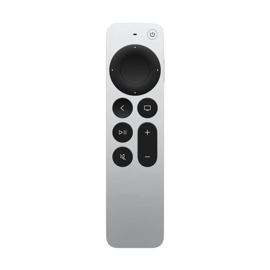 Siri Remote, front. Large circular, touch-enabled clickpad, and raised buttons.