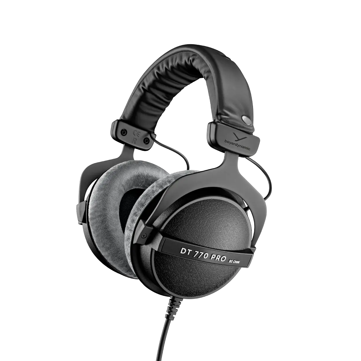 Classic Beyerdynamic DT 770 PRO headphones with the 80 OHM badge, grey velour pads and fixed single-sided cable visible
