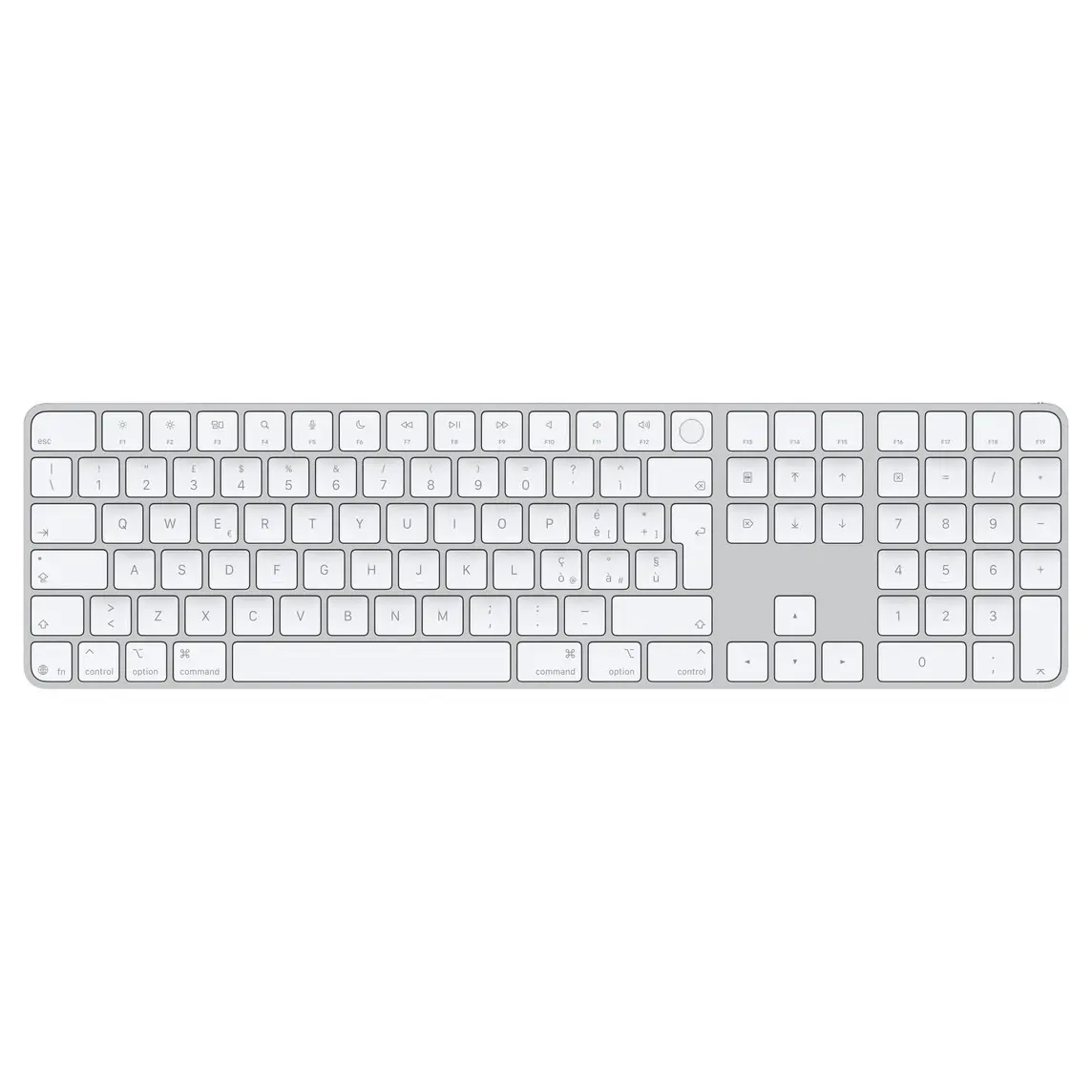 Magic Keyboard with Touch ID and Numeric Keypad, whitekeys, silver aluminium structure, round Touch ID sensor, full-height function keys