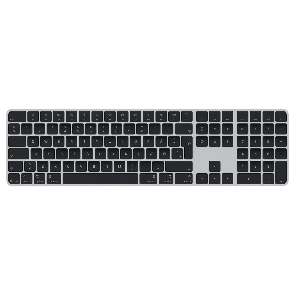 Magic Keyboard with Touch ID and Numeric Keypad, black keys, silver aluminium structure, round Touch ID sensor, full-height function keys