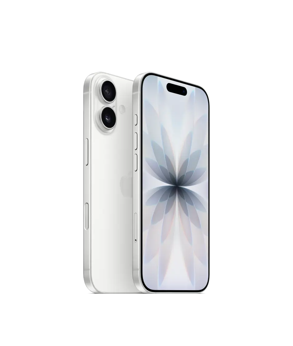 iPhone 17, back exterior, white colour, Dual Fusion camera system, front exterior, all screen design, Dynamic Island, thin black display border, side exterior, Action button, volume buttons, Side button, Camera Control button