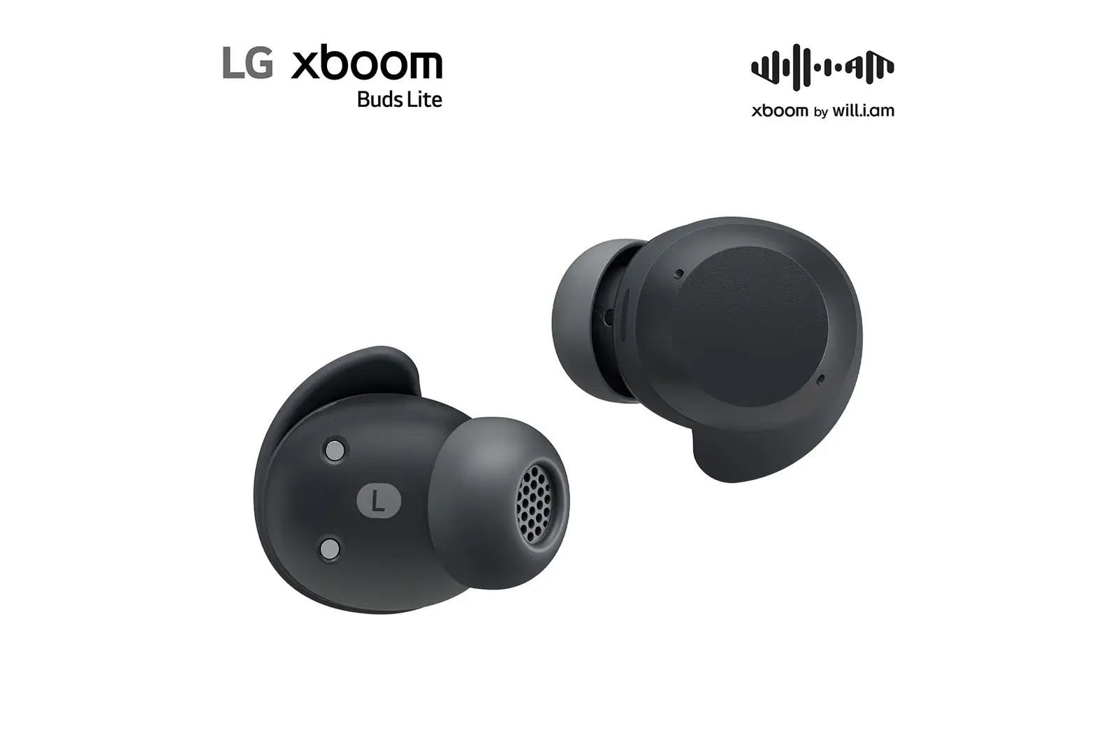 Front view of LG xboom Buds Lite by will.i.am | Bluetooth Earbuds with Graphene Drivers & Long Battery Life, Black BUDSLITE