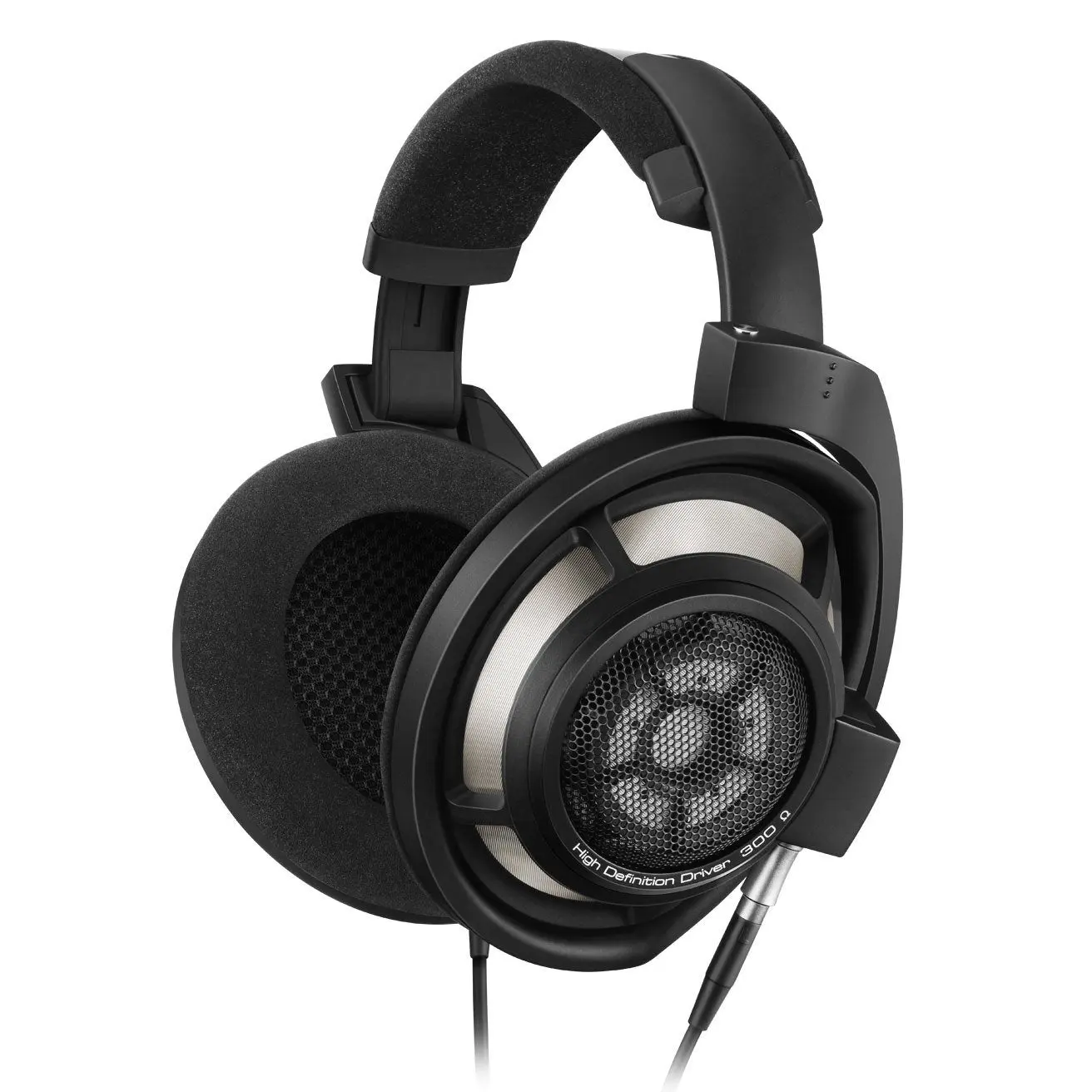 Black Sennheiser HD 800 S open-back headphones with ring-radiator earcups and detachable cable connectors visible