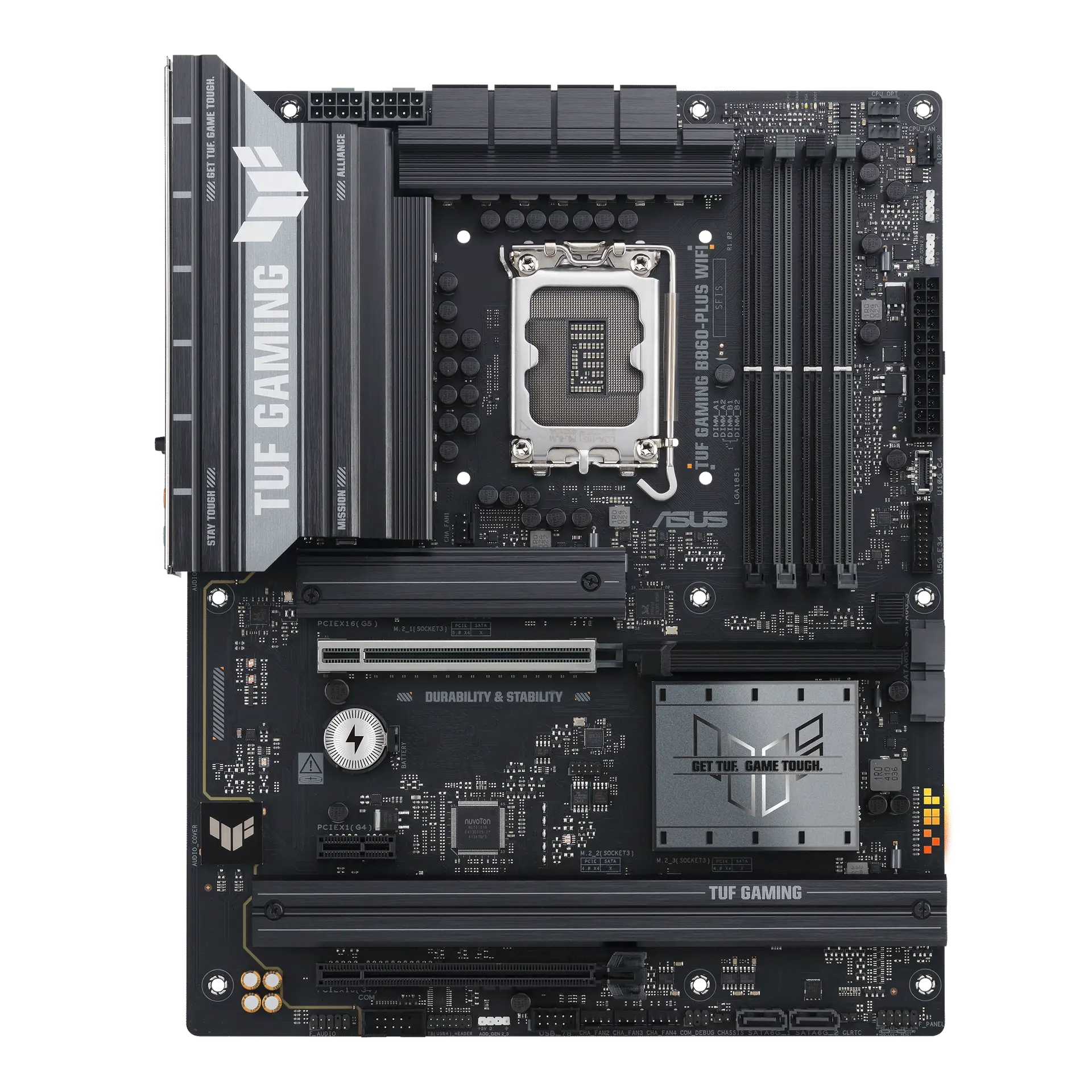 ASUS TUF GAMING B860-PLUS WIFI motherboard, official front view showing its exact board layout, processor socket, memory slots and heatsinks.