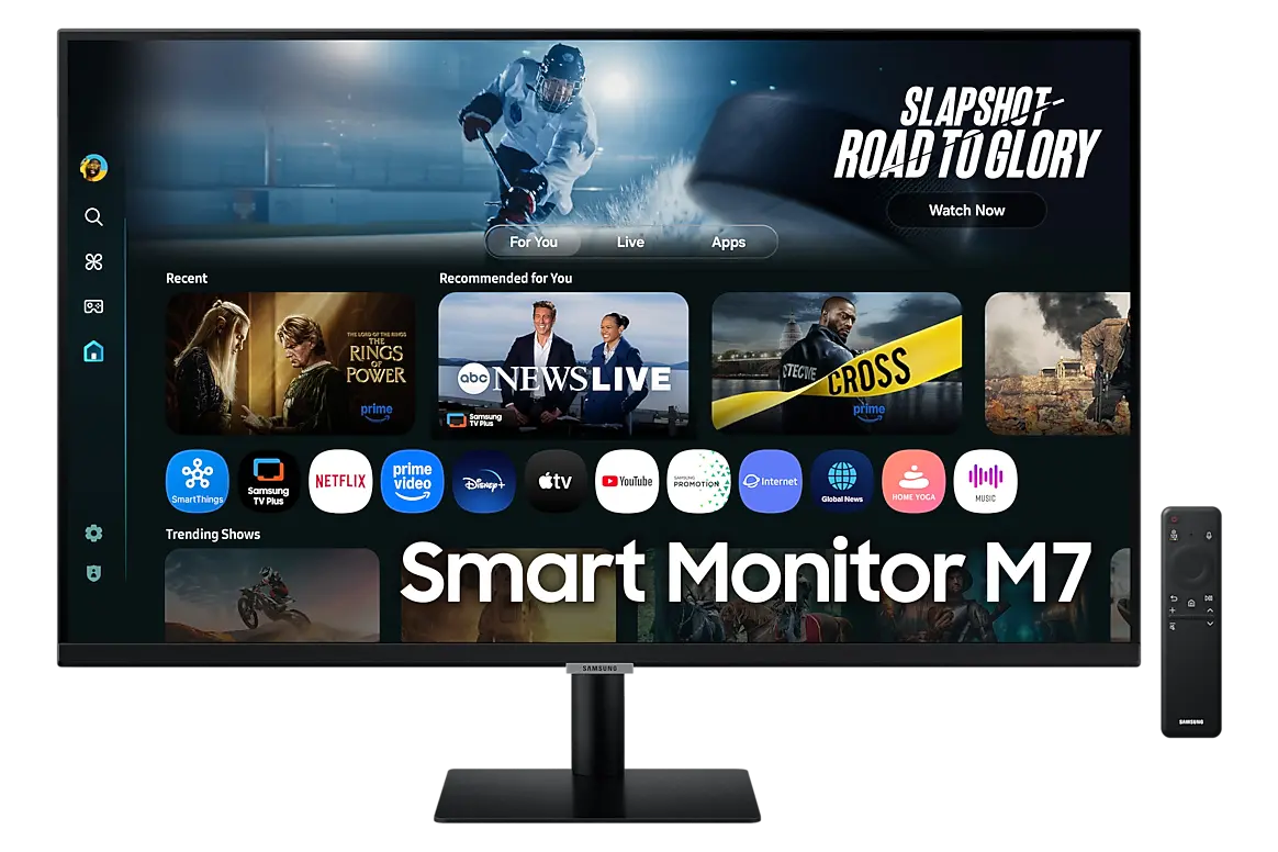 Samsung Smart Monitor M7 M70F 32-inch monitor, official exact-model gallery view showing the screen and supplied stand.