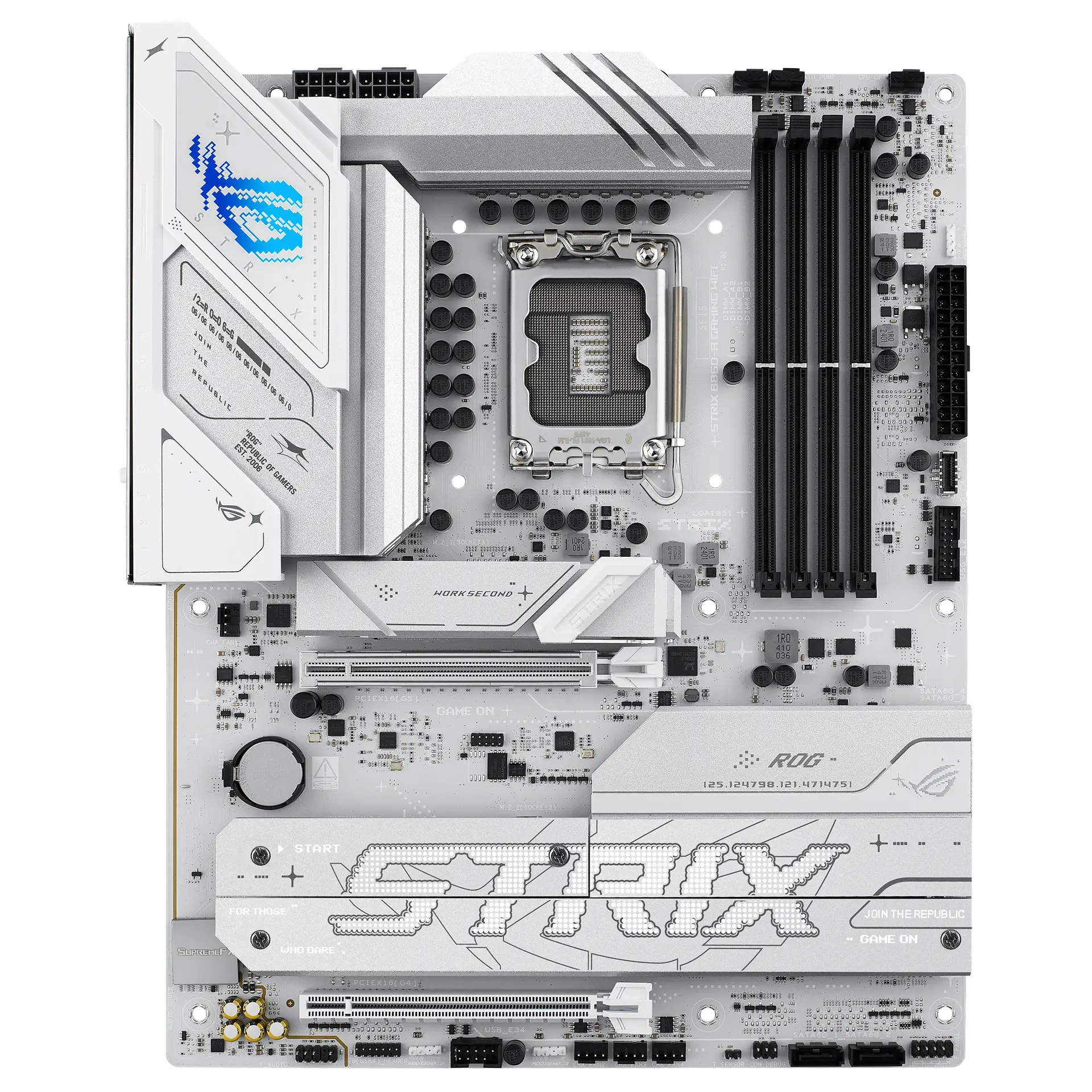 ASUS ROG STRIX B860-A GAMING WIFI motherboard, official front view showing its exact board layout, processor socket, memory slots and heatsinks.