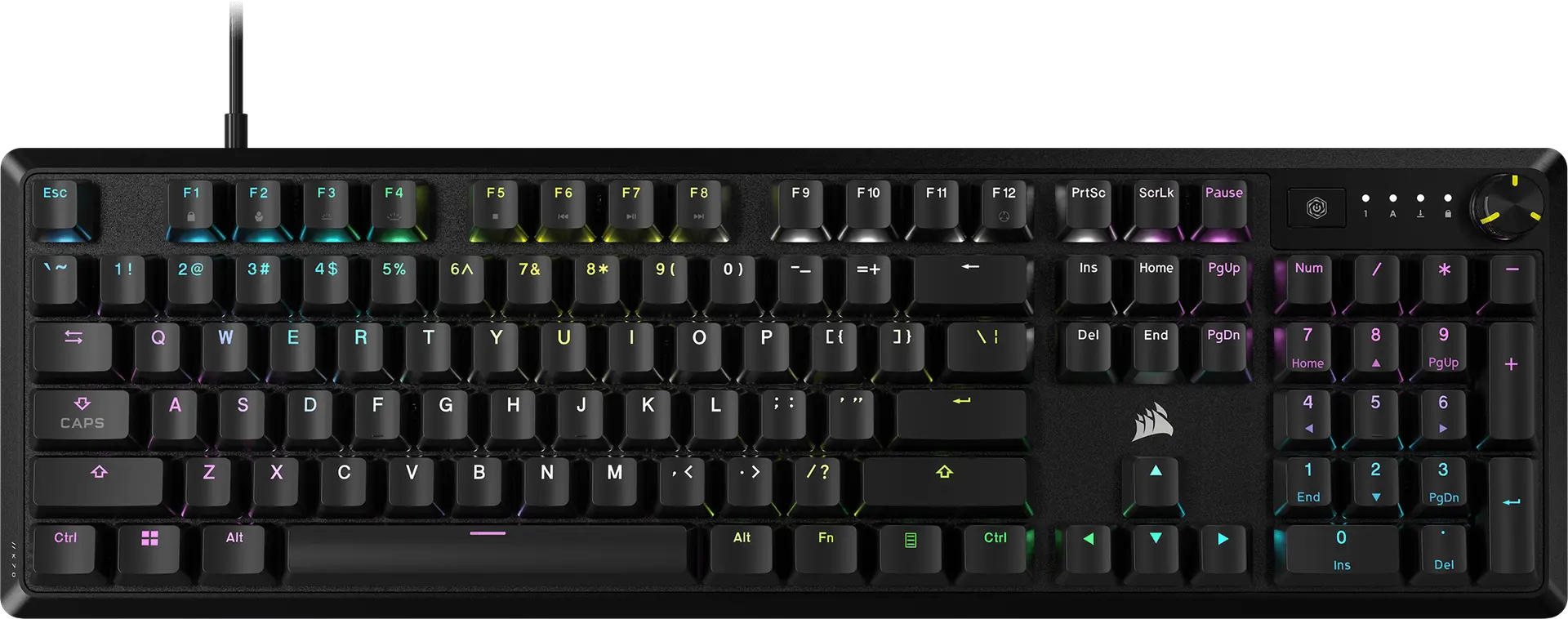 Corsair K70 CORE RGB black full-size mechanical keyboard with US layout and rotary dial, official top view