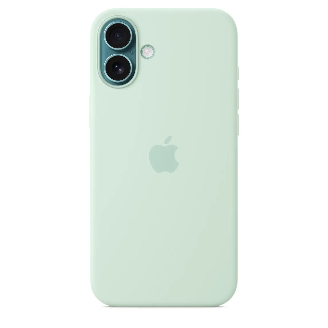 iPhone 16 Plus Silicone Case with MagSafe in aquamarine embedded Apple logo in centre, attached to iPhone 16 Plus teal finish, seen through camera cut-out.