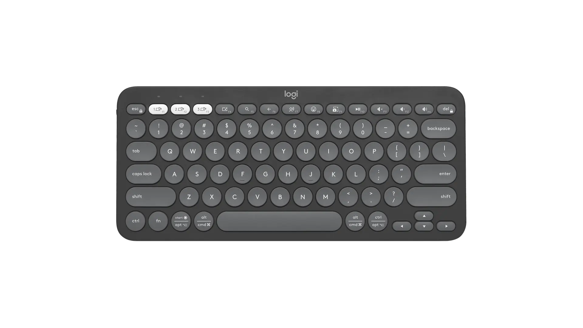 Logitech Pebble Keys 2 K380s tonal graphite compact keyboard with US ANSI QWERTY layout, official top view