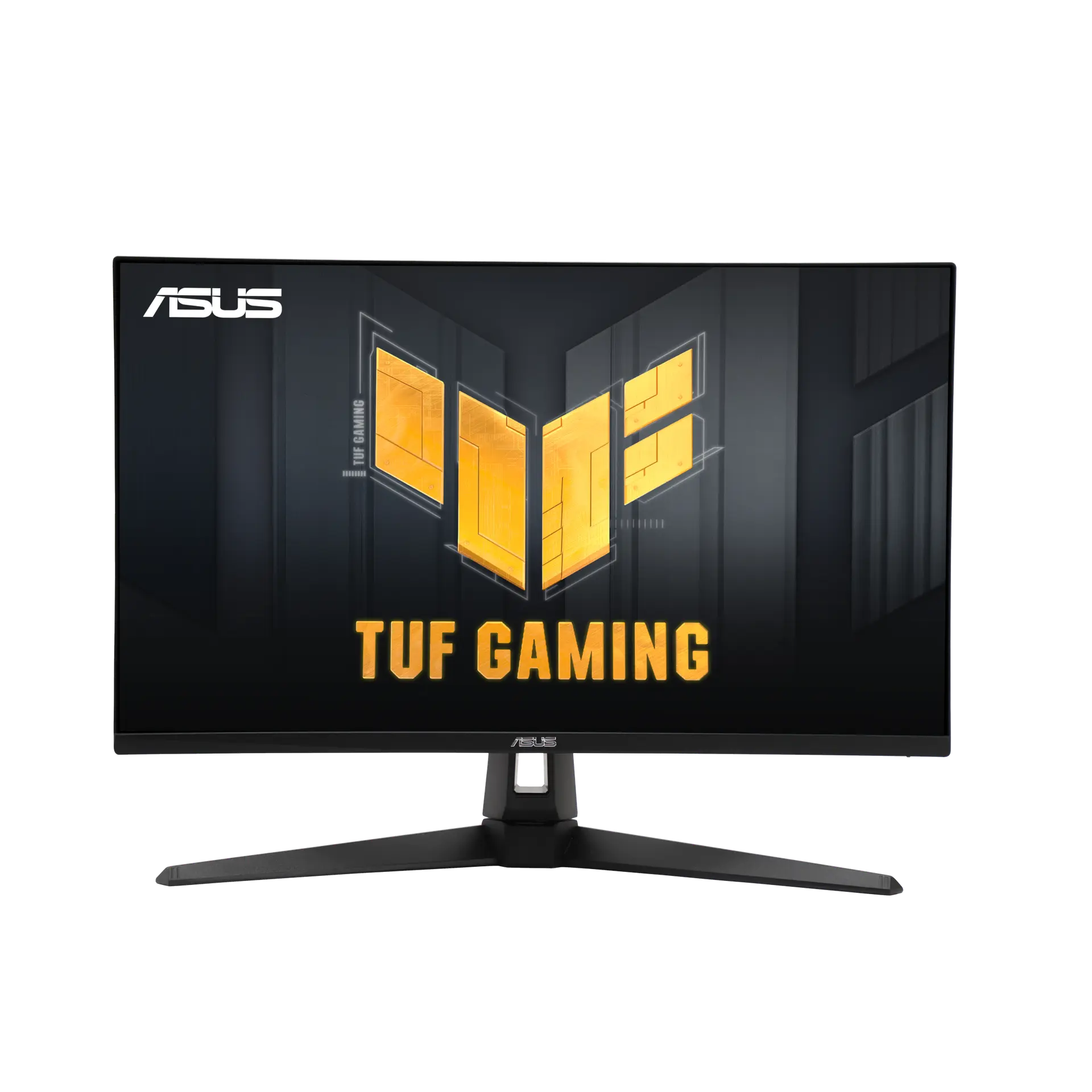 ASUS TUF Gaming VG27AQ3A monitor from the front on its V-shaped stand, with TUF Gaming screen artwork.