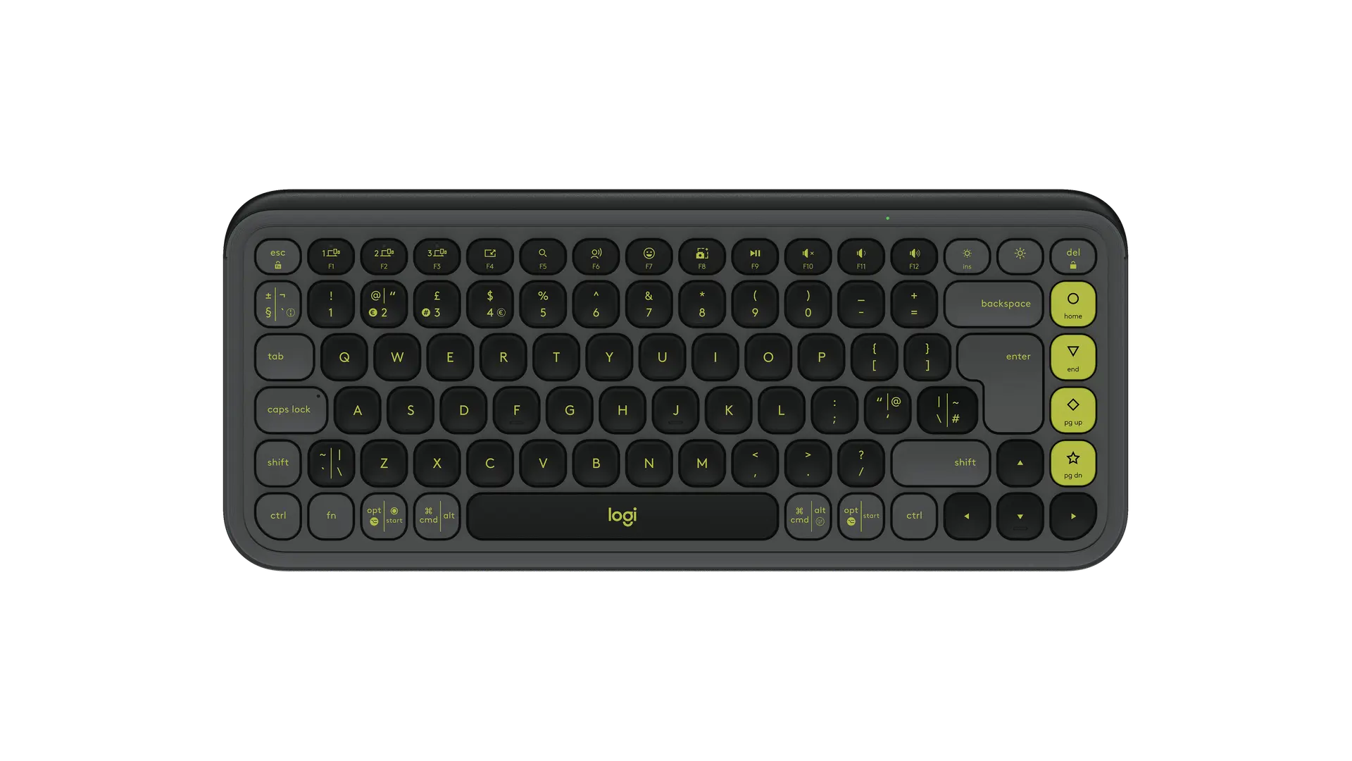 Logitech POP Icon Keys keyboard in Graphite & Green with English UK QWERTY (ISO) layout, official top view