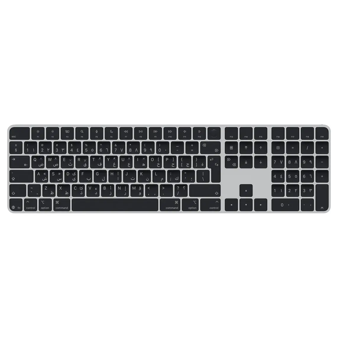 Magic Keyboard with Touch ID and Numeric Keypad, black keys, silver aluminium structure, round Touch ID sensor, full-height function keys