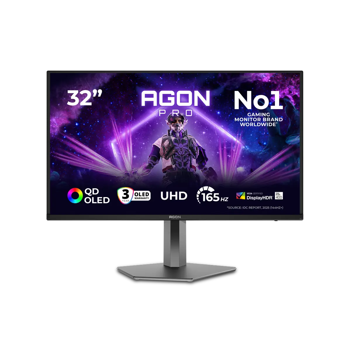 AOC AG326UD monitor, official exact-model gallery view showing the screen and supplied stand.