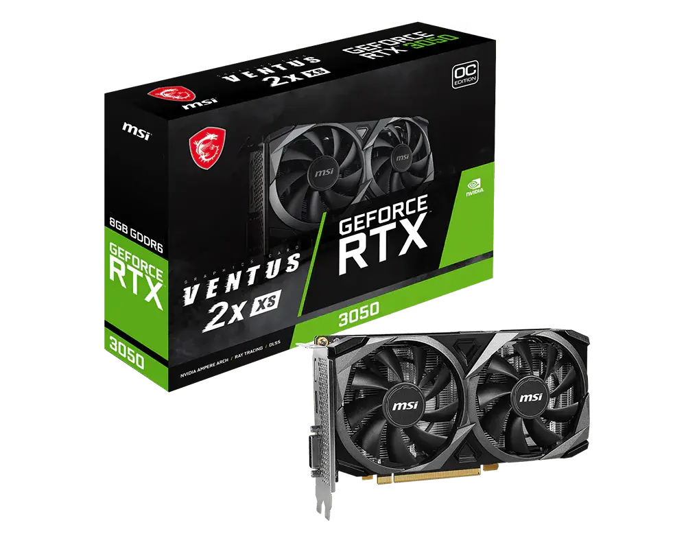 MSI GeForce RTX 3050 VENTUS 2X XS 8G OC: one graphics card beside its exact model retail box