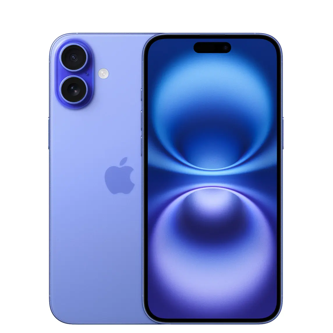 Apple iPhone 16 Plus in Ultramarine, official front and rear product view