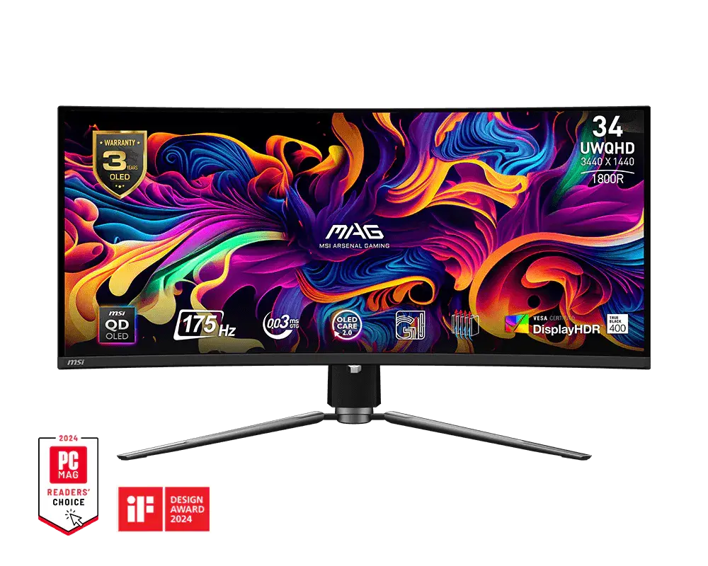 MSI MAG 341CQP QD-OLED monitor on its supplied stand, official front view with manufacturer sample screen artwork