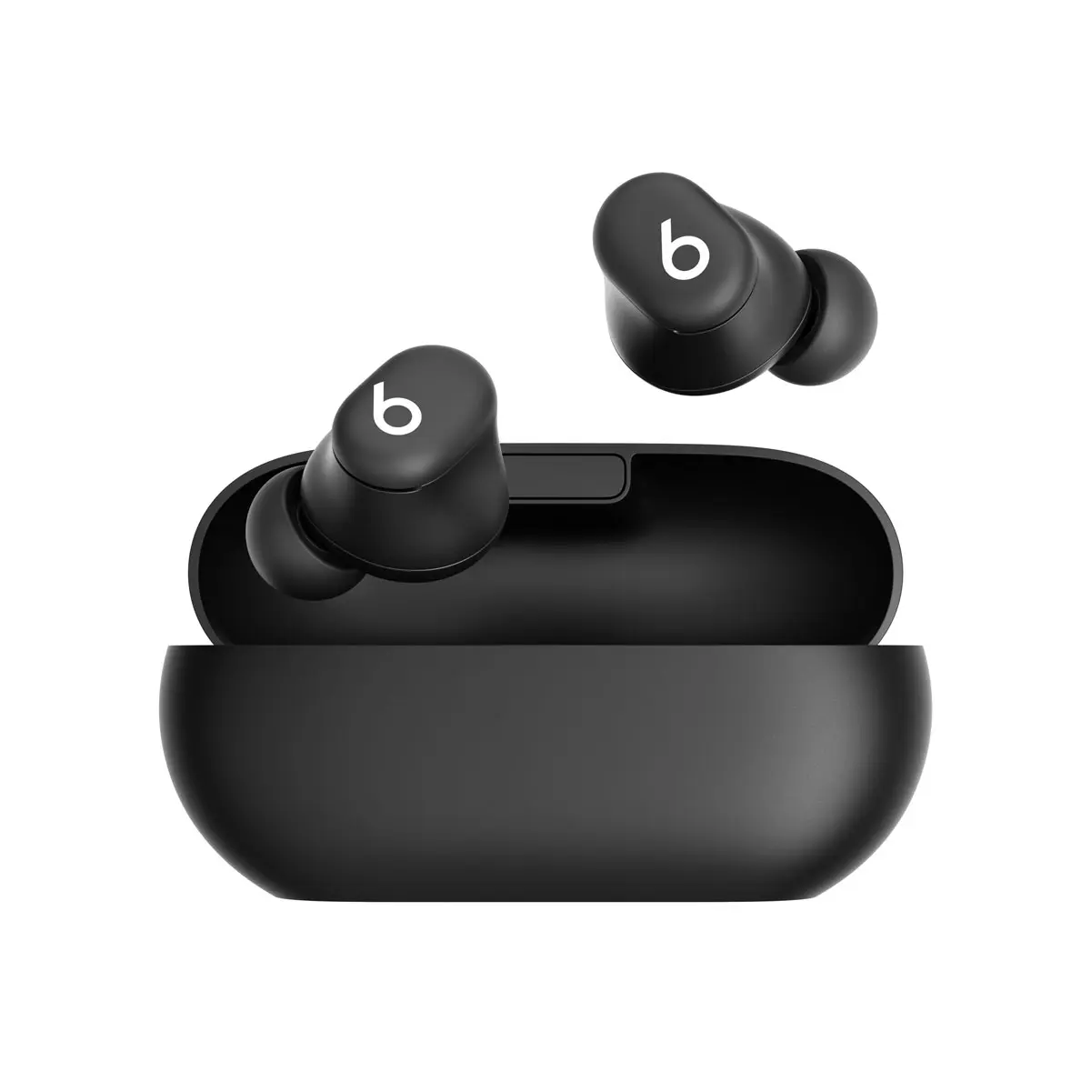 Beats Solo Buds earbuds in Matt Black above their open black carrying case
