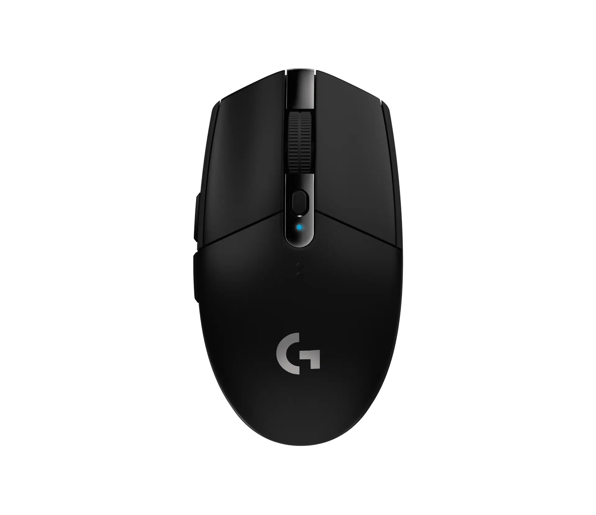 Black Logitech G305 LIGHTSPEED wireless mouse viewed from above, with its scroll wheel, DPI button and side buttons visible