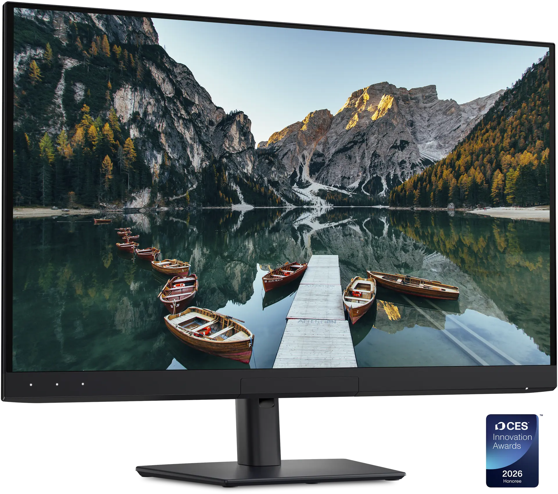 View right-facing A Dell UltraSharp 32 4K QD-OLED monitor with a vibrant nature image on its screen.