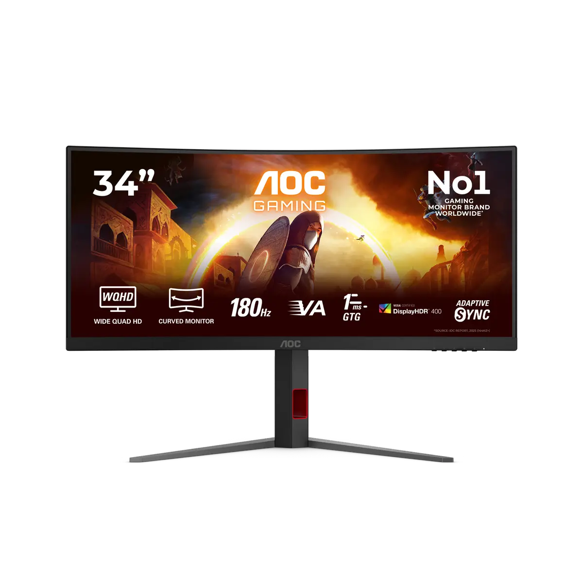 AOC CU34G4CA monitor, official exact-model gallery view showing the screen and supplied stand.