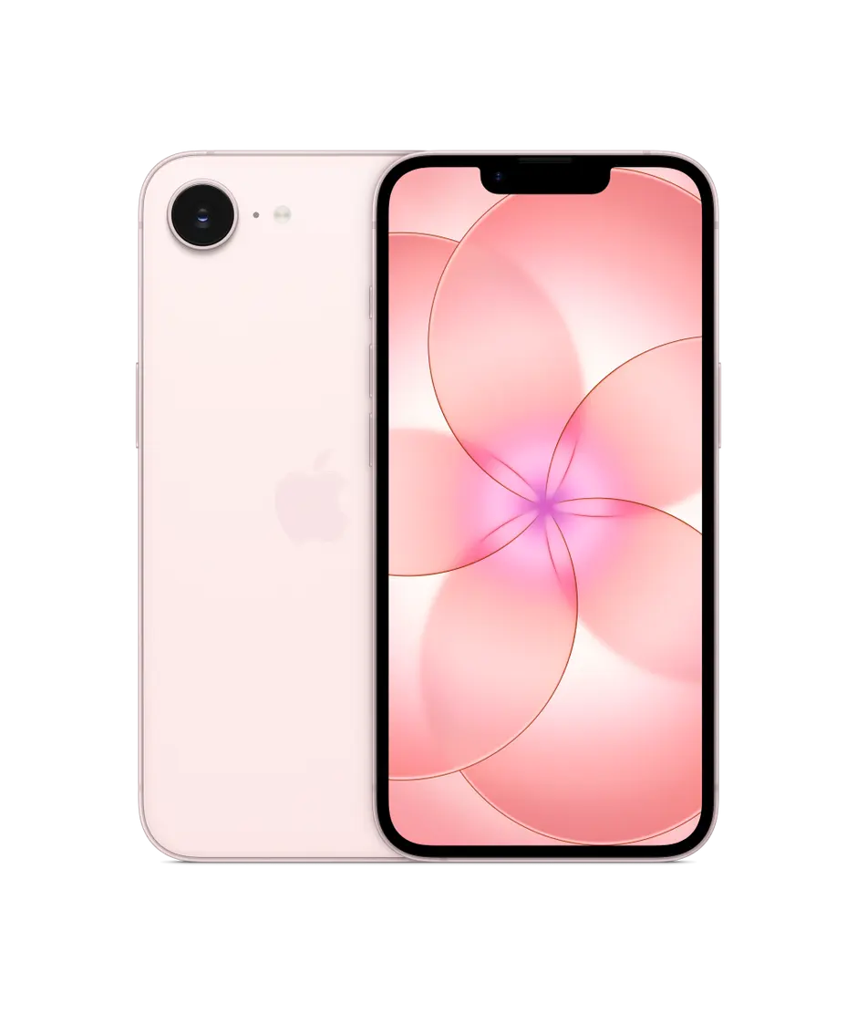 iPhone 17e, back exterior, soft pink colour, Fusion camera system, Apple logo in centre, front exterior, all screen design, notch with TrueDepth camera, thin black display border, rounded corners, straight sides