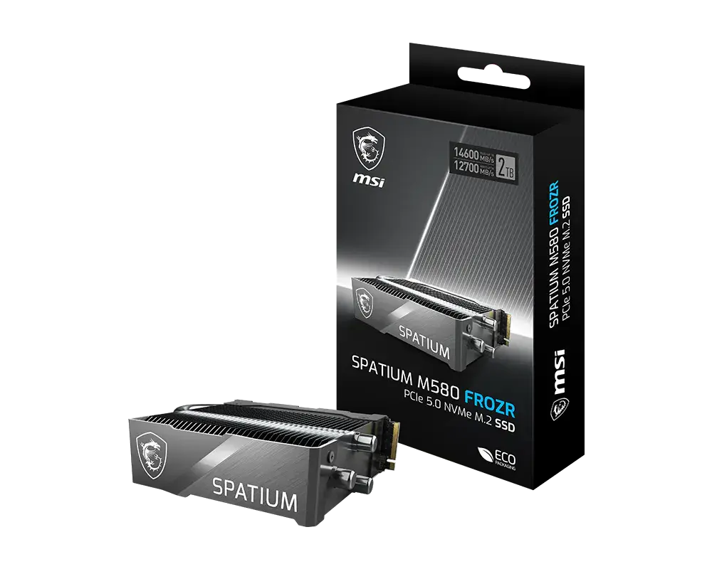 MSI SPATIUM M580 FROZR SSD with its towered heatsink beside the 2 TB retail box