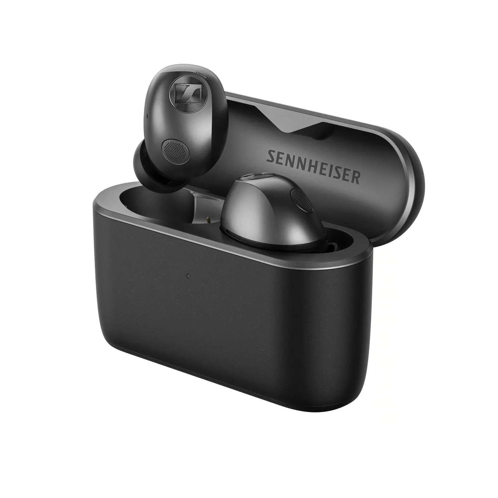 Sennheiser MOMENTUM True Wireless 5 in Graphite, one earbud lifted out of its open charging case