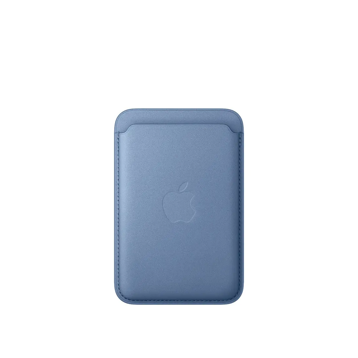 iPhone FineWoven Wallet with MagSafe, wildflower blue colour (greyish-blue), back exterior, card slot at top, embedded Apple logo in the centre, stitching along the edges