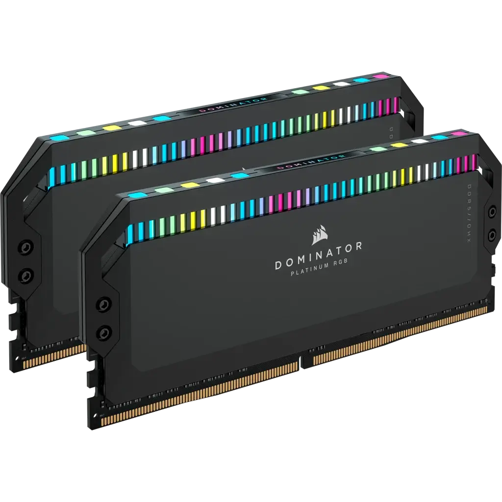 Corsair Dominator Platinum RGB DDR5 kit in black — two modules with CAPELLIX RGB LEDs, oblique view