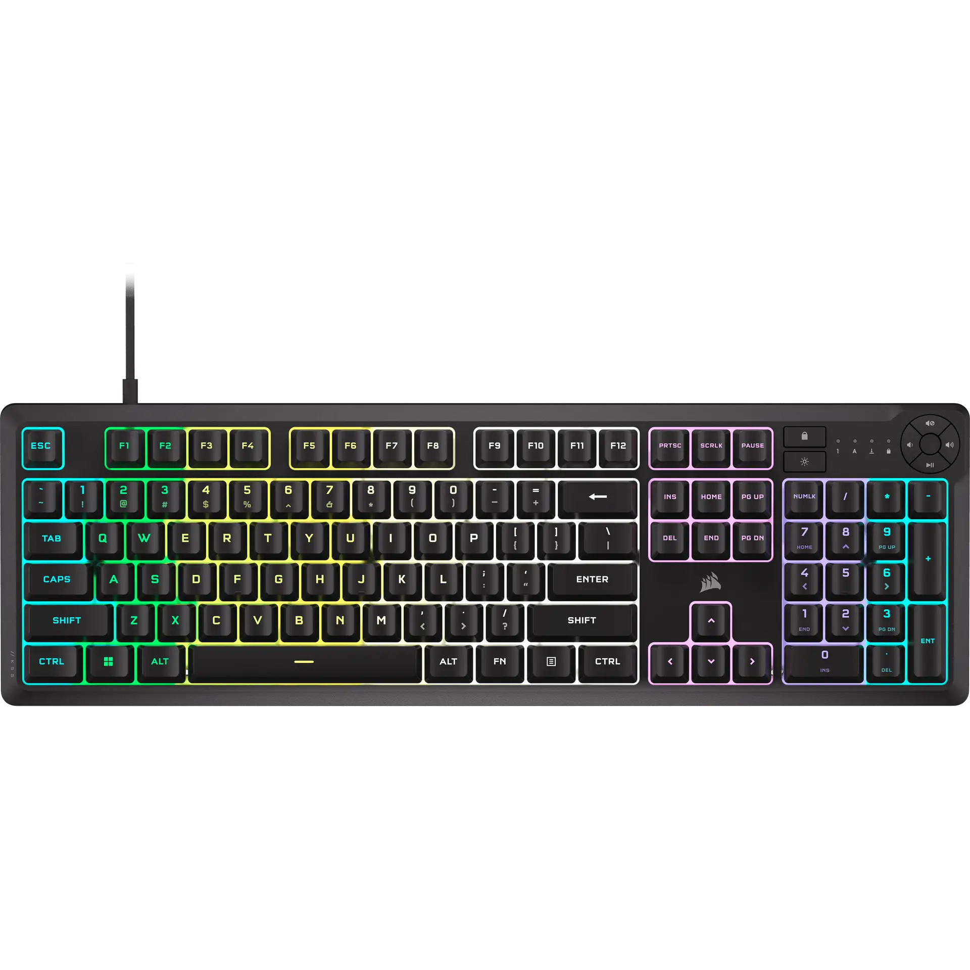 Corsair K55 CORE RGB black full-size membrane keyboard with US layout and media controls, official top view