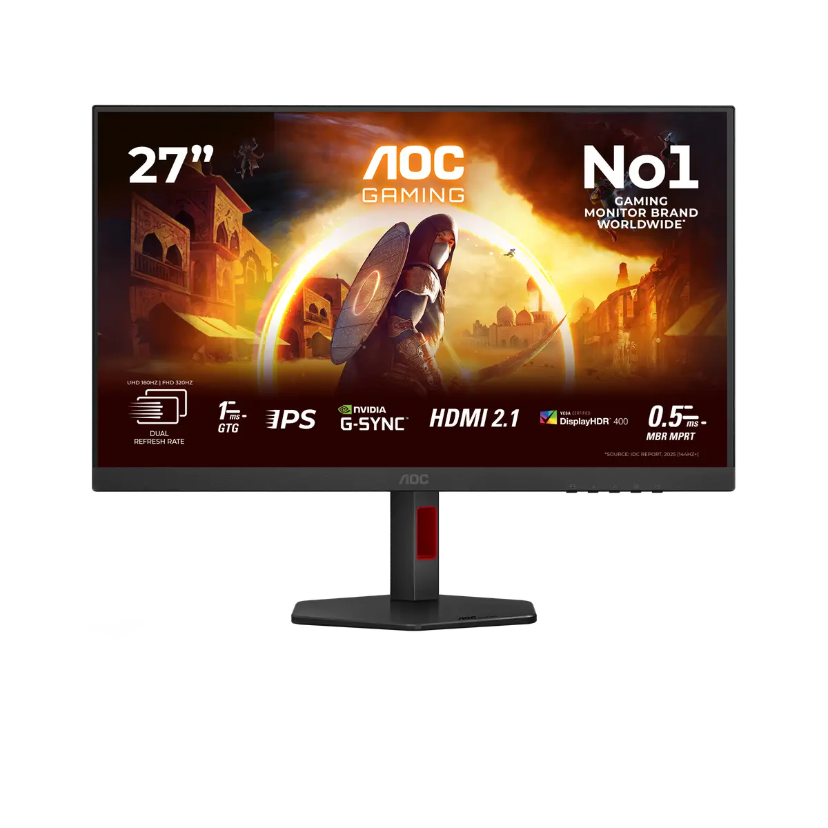 AOC U27G4R monitor, official exact-model gallery view showing the screen and supplied stand.