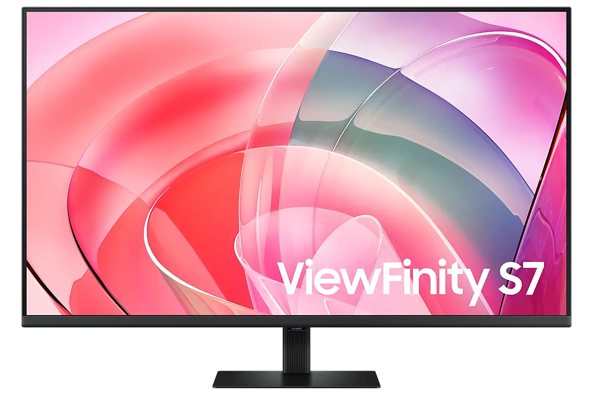 Samsung ViewFinity S7 S70D 37-inch monitor, official exact-model gallery view showing the screen and supplied stand.
