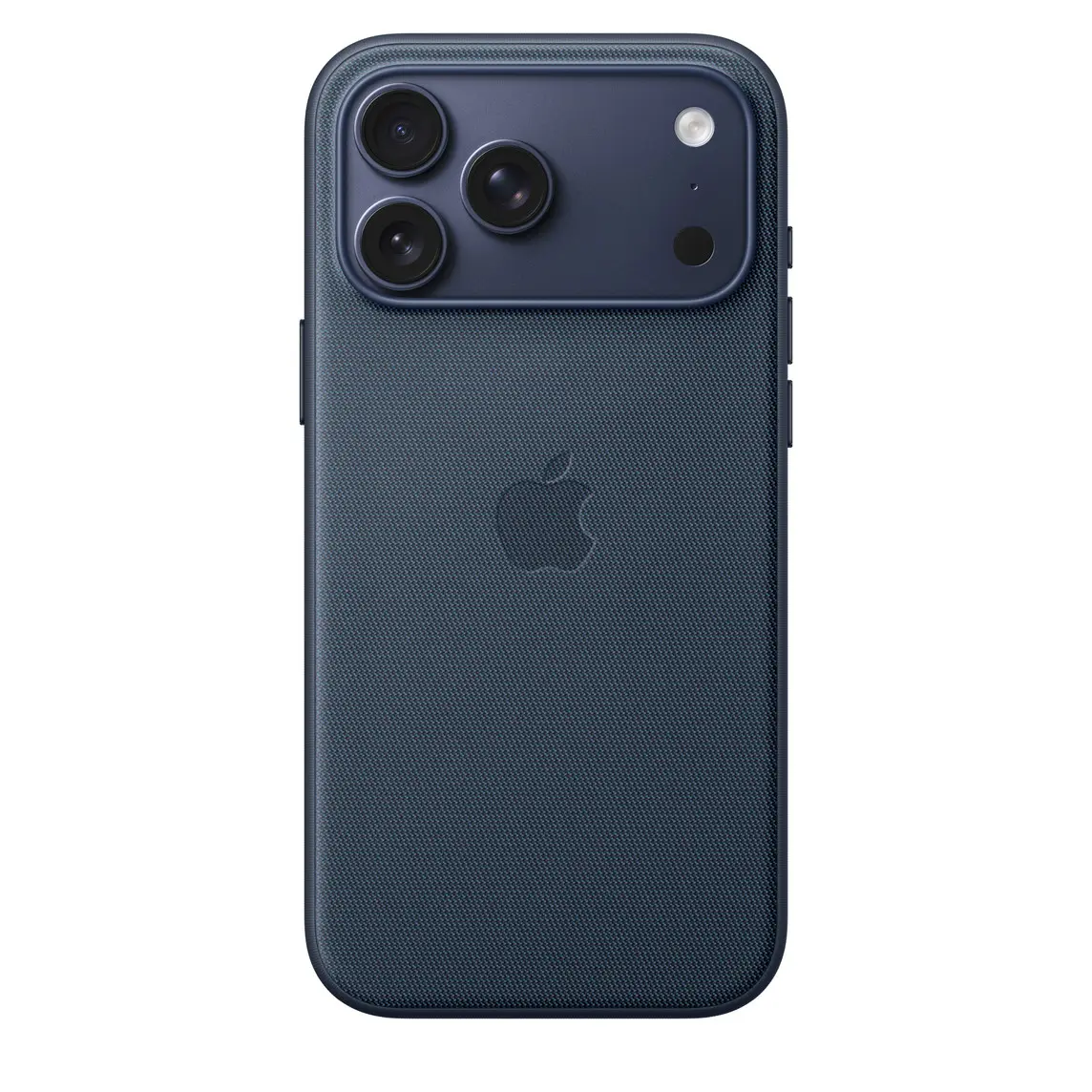 iPhone 17 Pro Max Tech Woven case in blue colour, back exterior, embedded Apple logo in centre, attached to iPhone 17 Pro Max, deep blue colour, visible through camera cut out