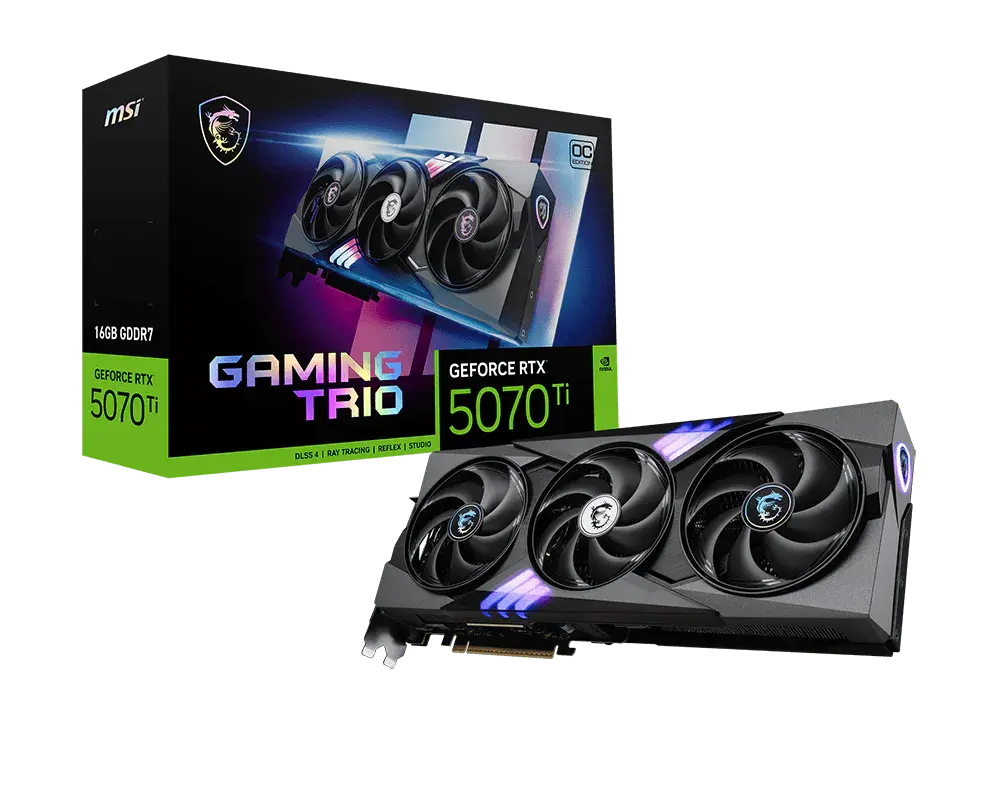 MSI GeForce RTX 5070 Ti 16G GAMING TRIO OC PLUS: one graphics card beside its exact model retail box