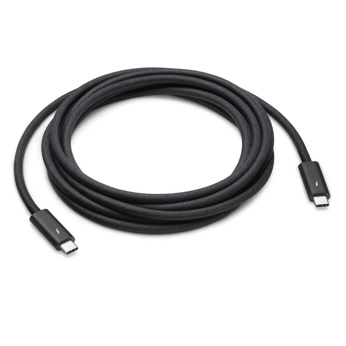 Thunderbolt 4 Pro Cable (3 metres) features a black braided design that coils without tangling, and can transfer data at up to 40 gigabytes per second.