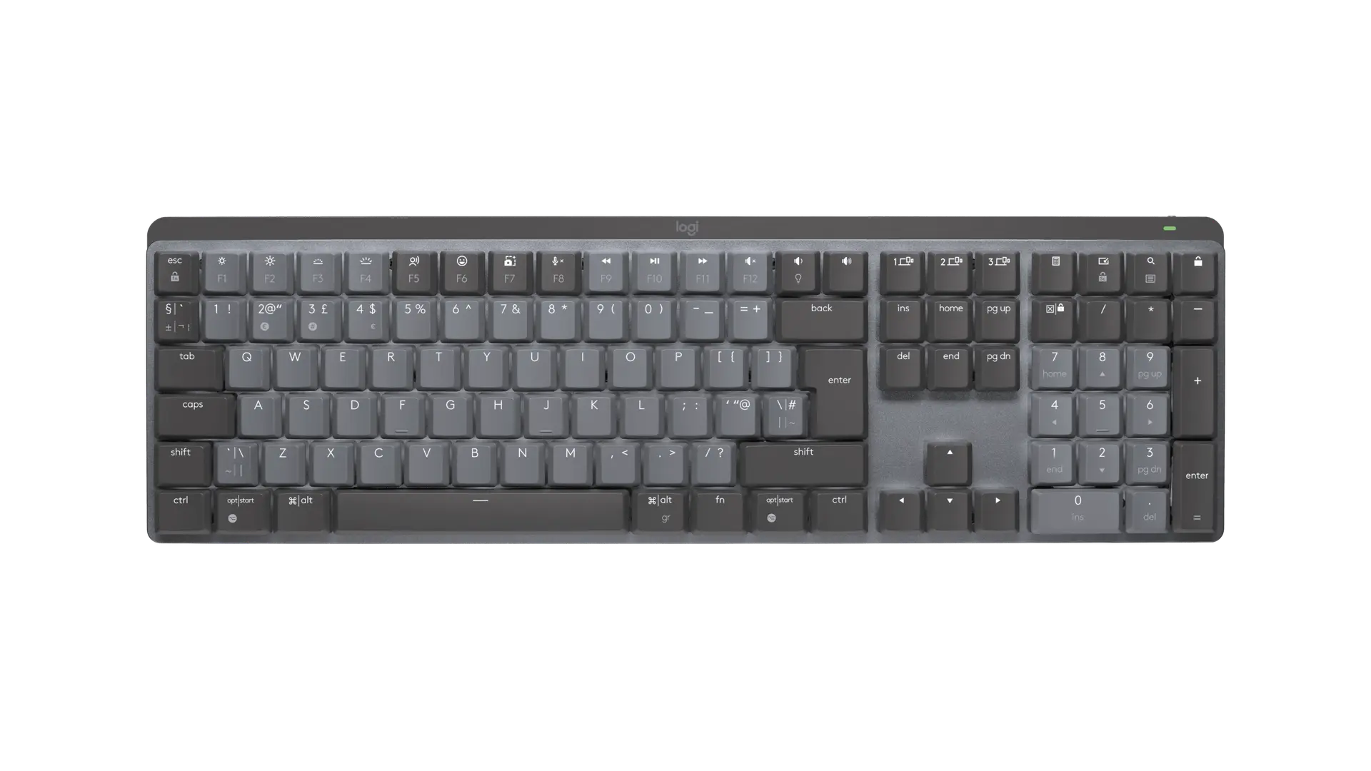 Logitech MX Mechanical graphite full-size keyboard with UK ISO QWERTY layout, official top view
