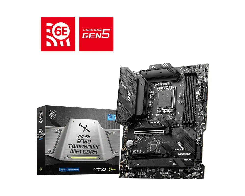 MSI MAG B760 TOMAHAWK WIFI DDR4 motherboard and manufacturer packaging with the exact model name visible