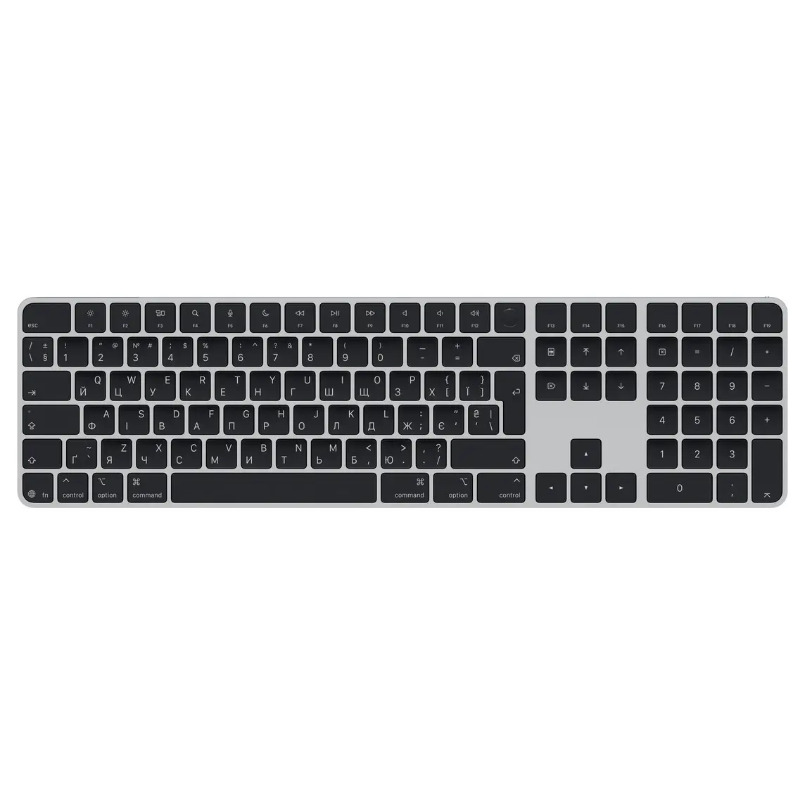 Magic Keyboard with Touch ID and Numeric Keypad, black keys, silver aluminium structure, round Touch ID sensor, full-height function keys