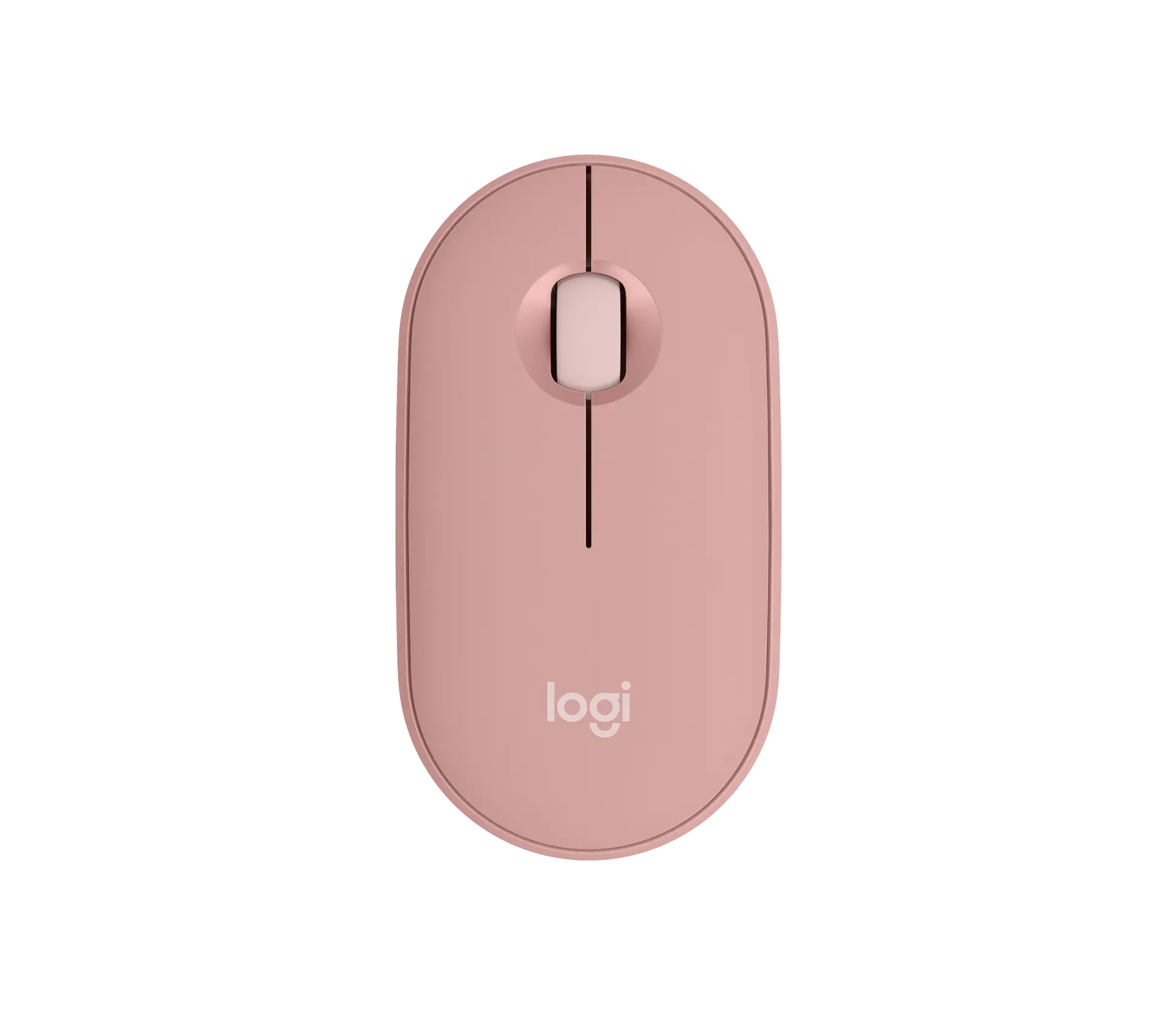 Logitech Pebble Mouse 2 M350s in Tonal Rose, top view of the slim oval mouse with its scroll wheel and logi logo