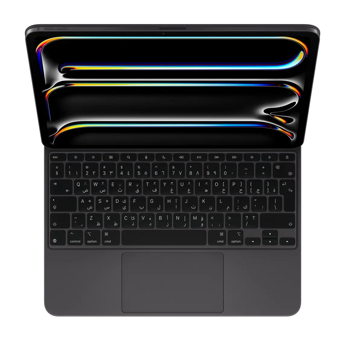 iPad Pro attached to Magic Keyboard, Black, black keys with white text, inverted T arrow keys, function key row, built-in trackpad